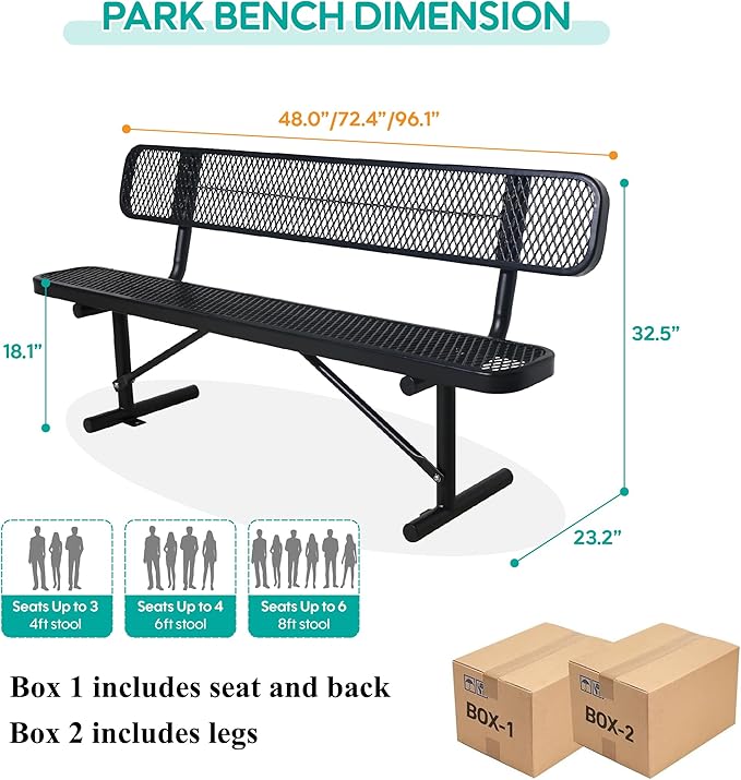 4 Feet Heavy Duty Metal Park Bench for Outside, Outdoor Bench with Backrest & Portable Frame, Commercial Benches for Shopping Malls, Stores, Parks, Patios, Decks, Black