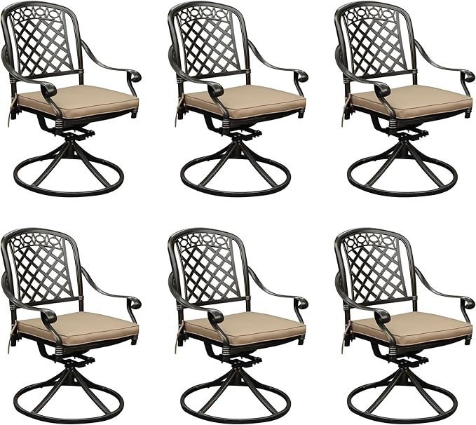 Cast Aluminum Outdoor Swivel Dining Chairs, All-Weather Patio Swivel Rocker Chair Sets with Cushion for Garden, Backyard, Poolside, Bistro (Khaki, 6 Pieces)