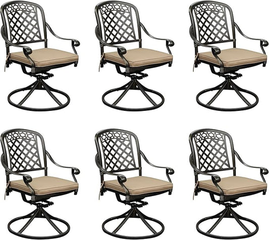Cast Aluminum Outdoor Swivel Dining Chairs, All-Weather Patio Swivel Rocker Chair Sets with Cushion for Garden, Backyard, Poolside, Bistro (Khaki, 6 Pieces)