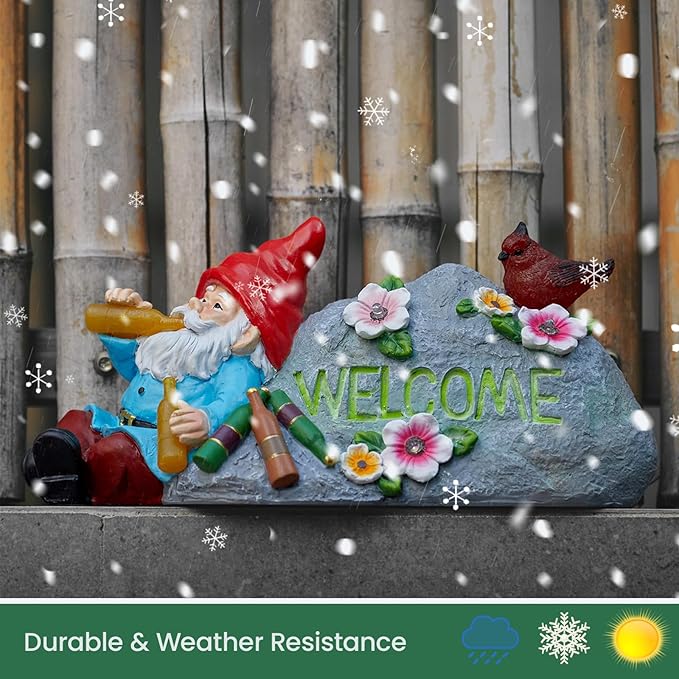 Funny Garden Gnomes Statue with Welcome, Solar Outdoor Gnomes Decorations for Yard, Patio, Lawn, Christmas Birthday Housewaming Gifts for Dad, Men, Husband, Grandpa, 11.8 Inch, Resin