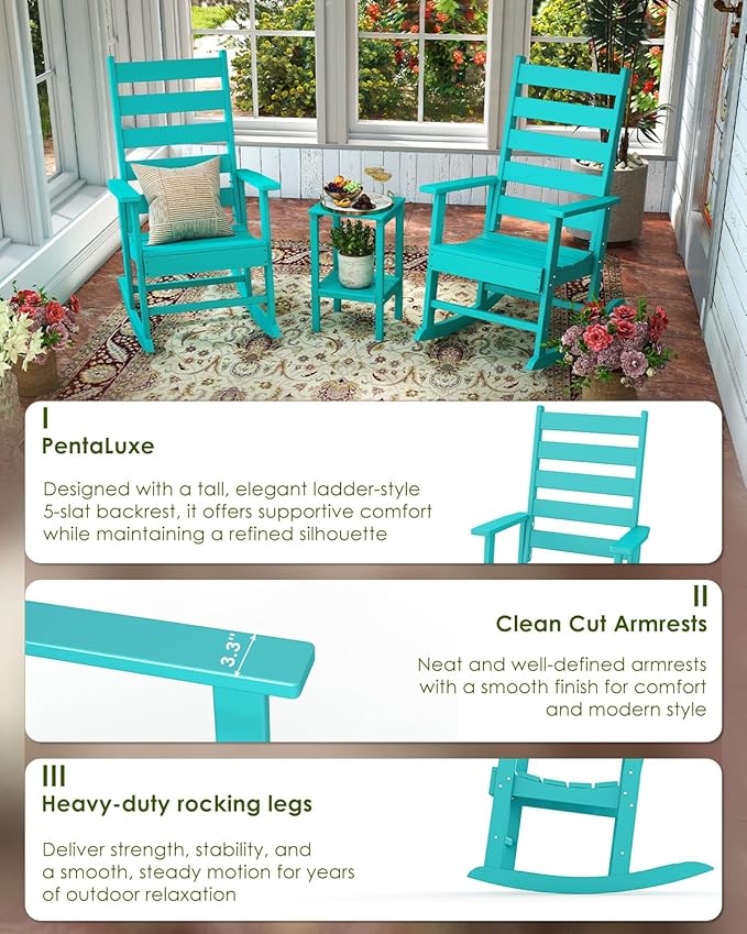 GREENVINES Outdoor-Rocking-Chairs-Set-of-4 | HDPE Plastic | Patio Rockers | Porch Rocker Chair | Shaker | Oversized | High Ladder Back | Big & Tall | PentaLuxe | Aqua