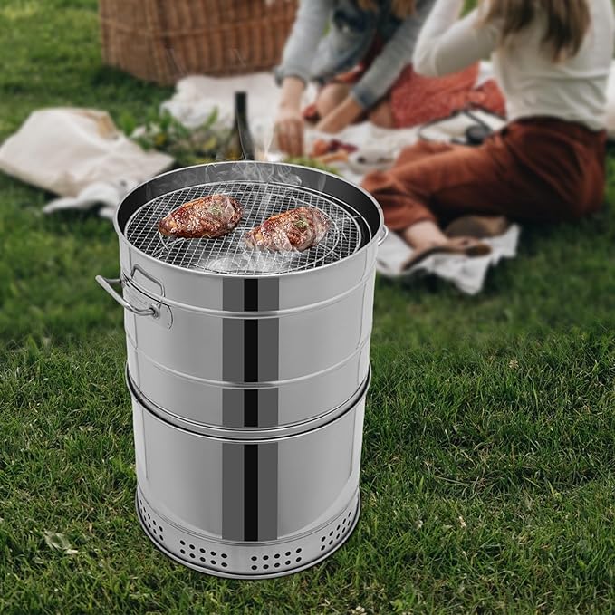 Large Portable Vertical Charcoal Grills, Stainless Charcoal BBQ Grill Barrel 360° Smokeless Outdoor with 50 Skewers for Travel, Outdoor Cooking and BBQ, Camping Picnic Patio Backyard (Large)