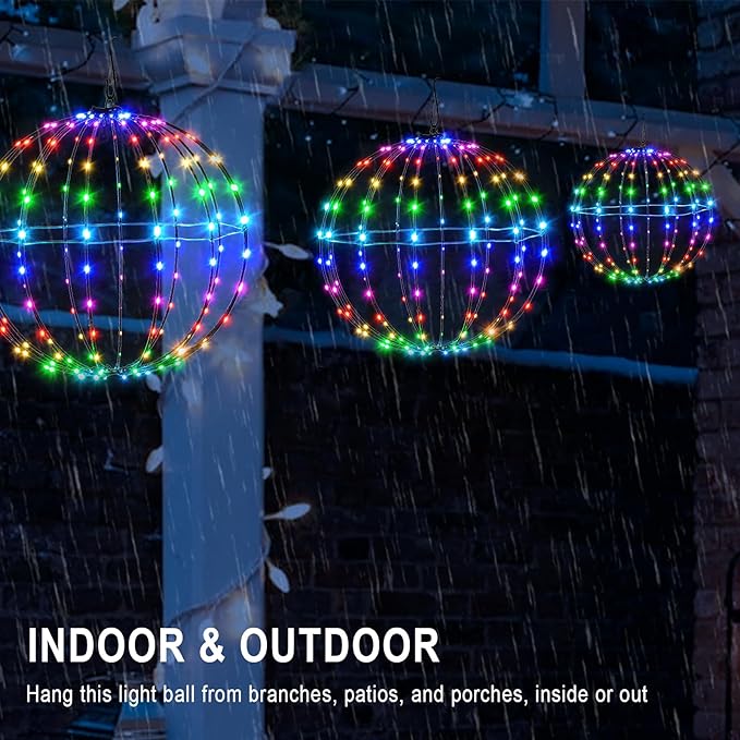 3 Pack 16” Outdoor/Indoor LED Christmas Light Balls, Smart Hanging Tree Decor Sphere Lights, Dimmer Color Changing, App & Remote Control, Timer, Waterproof, Holiday, Patio, Wedding Decor