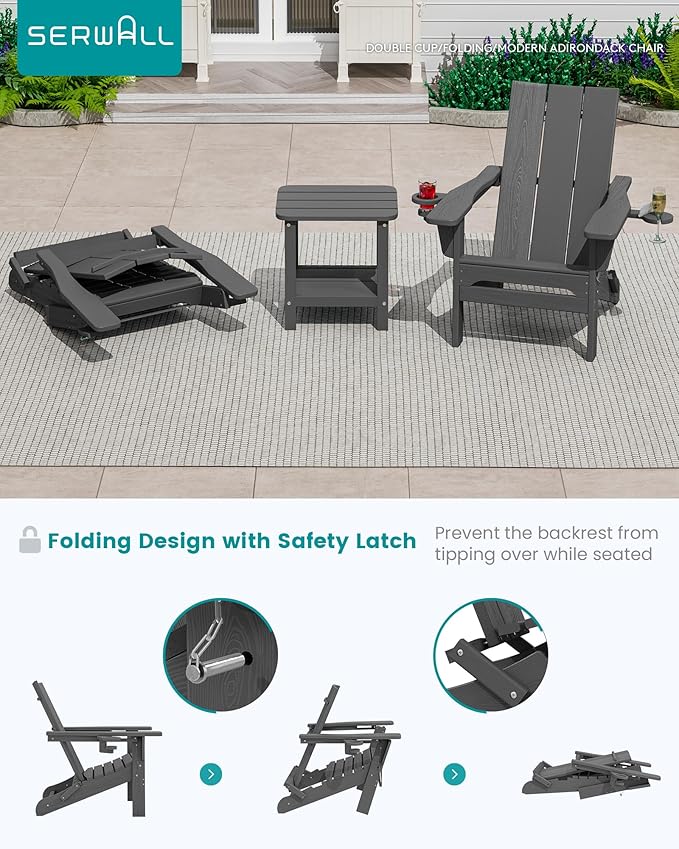 SERWALL Outdoor HDPE Adirondack Chair Set 8, Modern Folding Adirondack Chair with Cup Holders, Weather Resistant Fire Pit Chairs, Gray