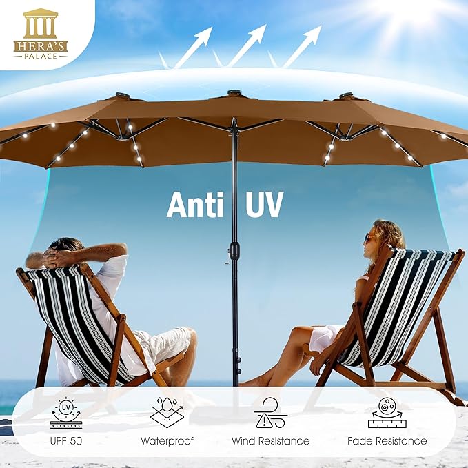 HERA'S PALACE 15ft Patio Umbrella with Base Included Double Sided Outdoor Umbrella for Patio Table Umbrella Outdoor 36 LED Solar Lights for Garden