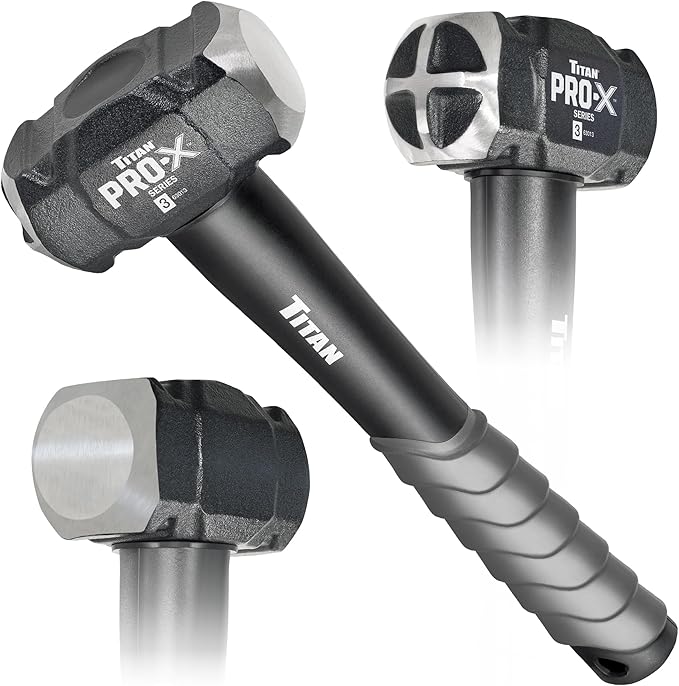 Titan Pro-X 63013 3lb Drilling Hammer, Dual-Face Sledge with Cross-Pattern Face for Concentrated Power & Flat Face for Stake Driving, Overstrike Protection, 12" Fiberglass Handle with Textured Grip