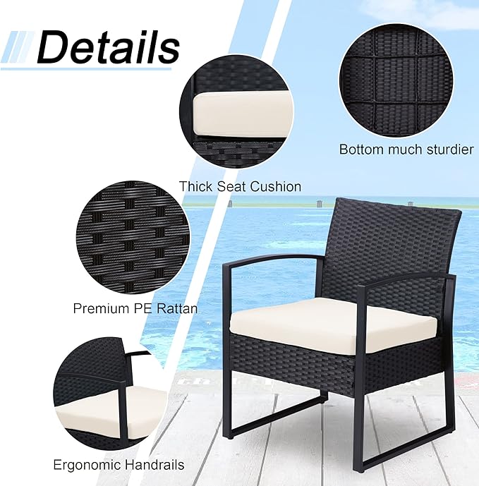 3 Pieces Outdoor Patio Furniture Set Wicker Rattan Chair Set Patio Bistro Conversation Set 3 Pcs with Coffee Table for Yard & Bistro (Beige)