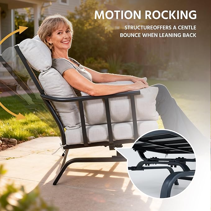LAUSAINT HOME 3 Pieces Outdoor Patio Conversation Furniture, Luxury Motion Glider Chairs and Ice Bucket Table & Coffee Table, Rocking Chairs with Olefin Cushions, for Patios, Gardens, Balconies