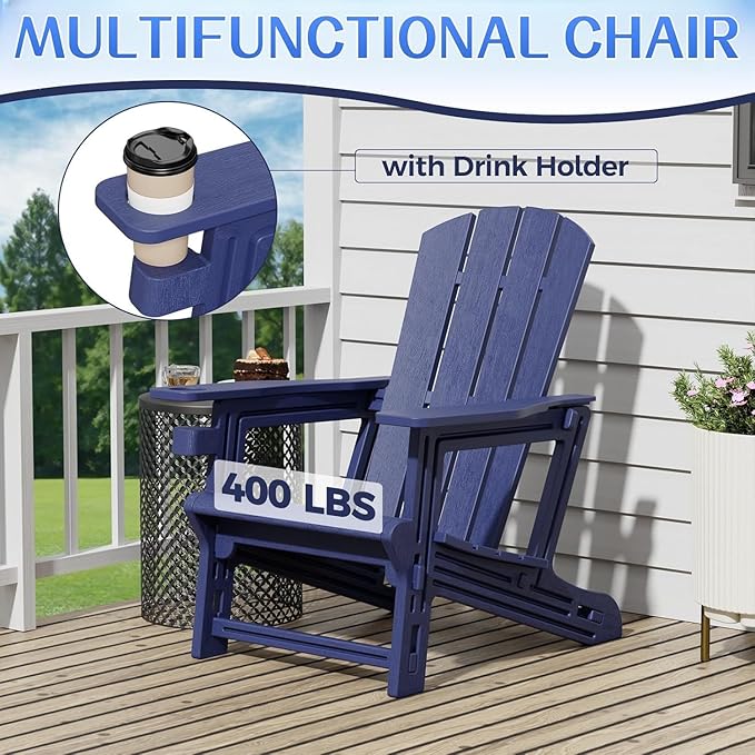 Adirondack Chair Set of 2, All Weather Plastic Adirondack Chairs, Fire Pit Chairs with Cup Holder, Outdoor Lawn Chair for Patio, Garden, Backyard,Navy Blue