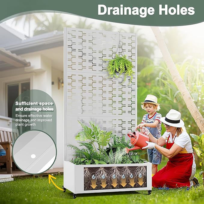 Planter Box with Trellis and Wheels, Metal Privacy Screen with Garden Beds Outdoor for Climbing Plants, Standing Planter Boxes with Drainage Holes (35" L×16" W×71" H, White Rectangle)