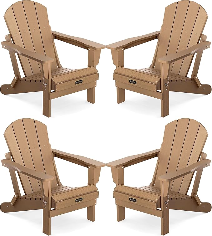 SERWALL Folding Adirondack Chair Set of 4 Outdoor Chairs Painted Adirondack Chair Weather Resistant for Patio Deck Garden, Backyard Deck, Fire Pit- Brown