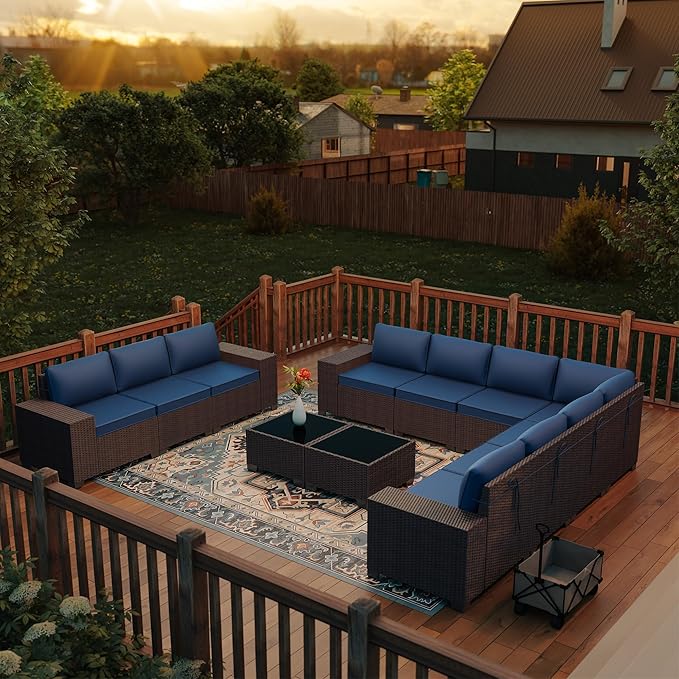 Outdoor Patio Furniture Set, 12 Pieces Outdoor Furniture All Weather Patio Sectional Sofa PE Wicker Modular Conversation Sets with Coffee Table,10 Chairs & Seat Clips Dark Blue