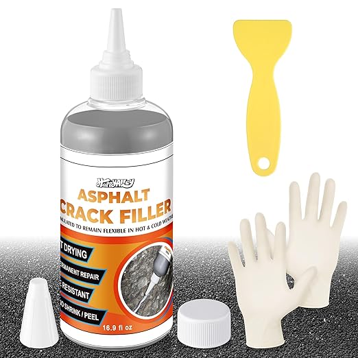 Asphalt Crack Filler Kit, 16.9 fl oz Self-Leveling Blacktop Driveway Sealant, Crack Filler for Asphalt Concrete Joint, Sidewalk, Pavement and Parking Lot, with Gloves and Scraper