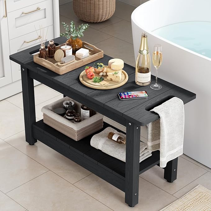 Stoog 24" Shower Bench, Waterproof Shower Stool for Shaving Legs, Adjustable and Non-Slip Feet, Shower Chair for Inside Shower, Black