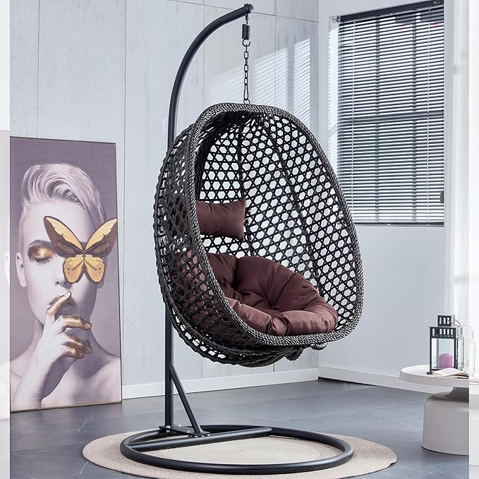 Hanging Egg Chair with Stand, Egg Swing Chair with Stand Indoor Outdoor, Black Wicker Swing Egg Chair for Adults, Hammock Chair with Comfortable Cushion and Stable Round Metal Base for Bedroom Patio