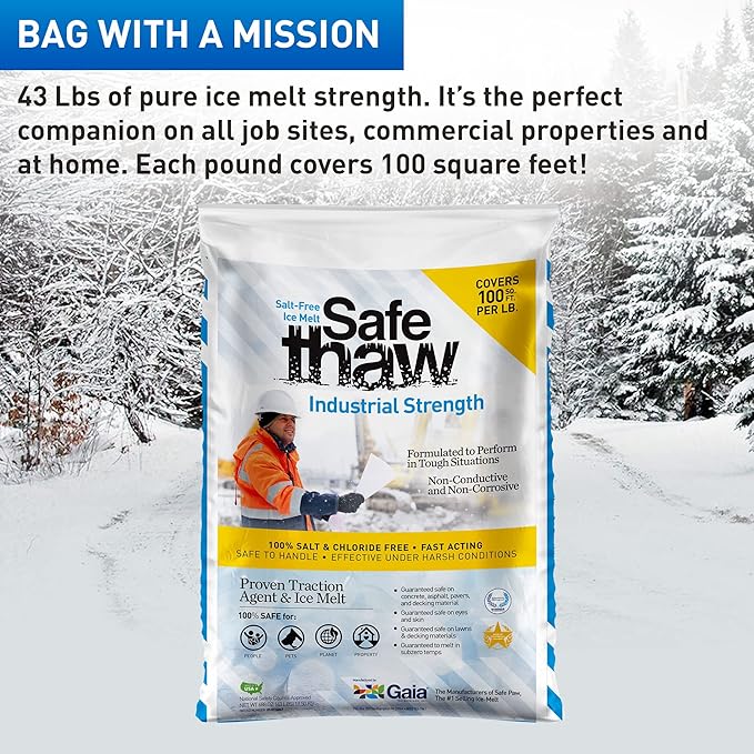 Safe Thaw Industrial Strength Salt Free Pet Safe Snow Ice Melter and Traction Agent for Concrete, Asphalt, Decks, Lawns, and More, 43 Pound Bag