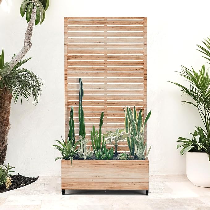 Large Metal Planter Box with Trellis and Wheels for Climbing Plants, Flower Garden Beds with Privacy Screen & Drainage Holes for Patio (35" L, Square White Wood Grain)