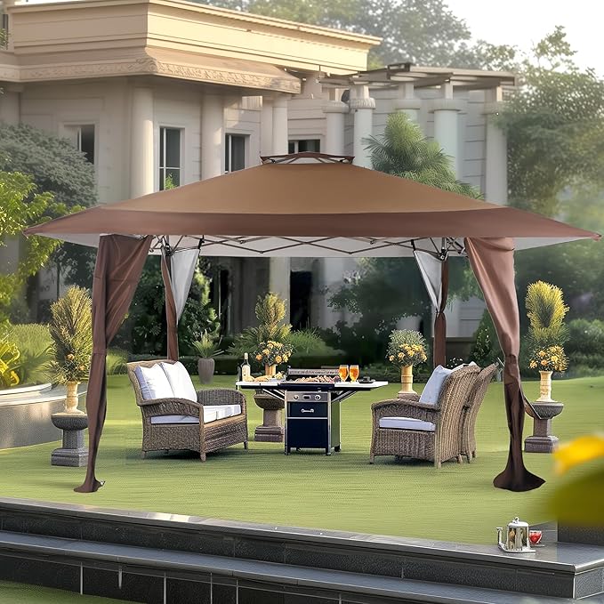 PHI VILLA 13'x13' UV Block Sun Shade Gazebo Canopy with Hardware Kits, Gazebo Shade for Patio Outdoor Garden Events, Brown