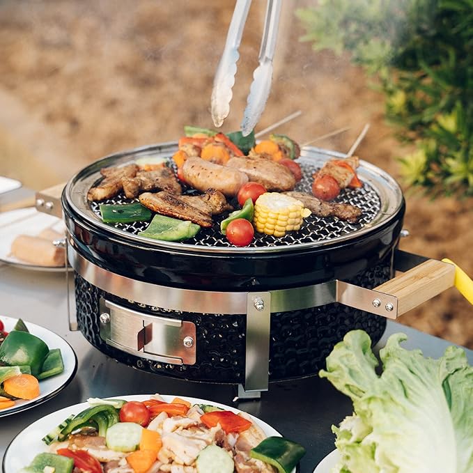 Ceramic Hibachi Charcoal Grill with Grid Lifter, 14" Portable BBQ Yakitori Grill with Stainless Steel Grate for Outdoor Patio Backyard Barbecue Cooking, GS305