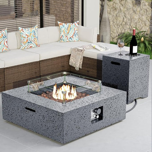 COSIEST Outdoor Propane Fire Pit Coffee Table w Square Faux Stone 35-inch Base, Certified, 50,000 BTU Stainless Steel Burner, Free Lava Rocks and Rain Cover, Wind Guard, Tank Cover,Gray