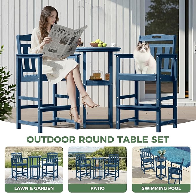 HDPE Outdoor Patio Tall Adirondack Bar Chairs Set of 2, All-Weather Bar Height Balcony Adirondack Stools for Bistro, Garden, Backyard, Pool, Deck | Navy Blue