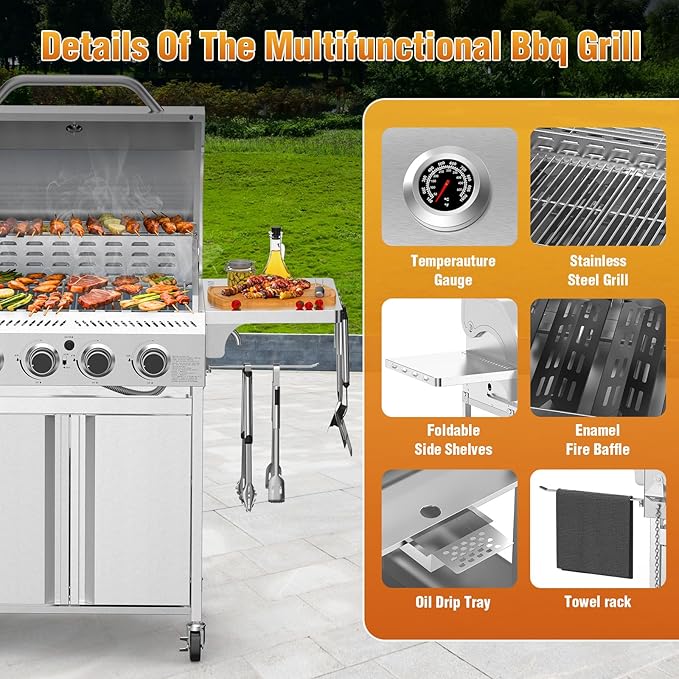 Kismile 4-Burner Gas Grill,Propane Grill with Folding Side Shelf,Heavy-Duty Thickened Stainless Steel Grill,32,000 BTU BBQ Grill for Outdoor Cooking,Barbecue,Garden and Patio Backyard