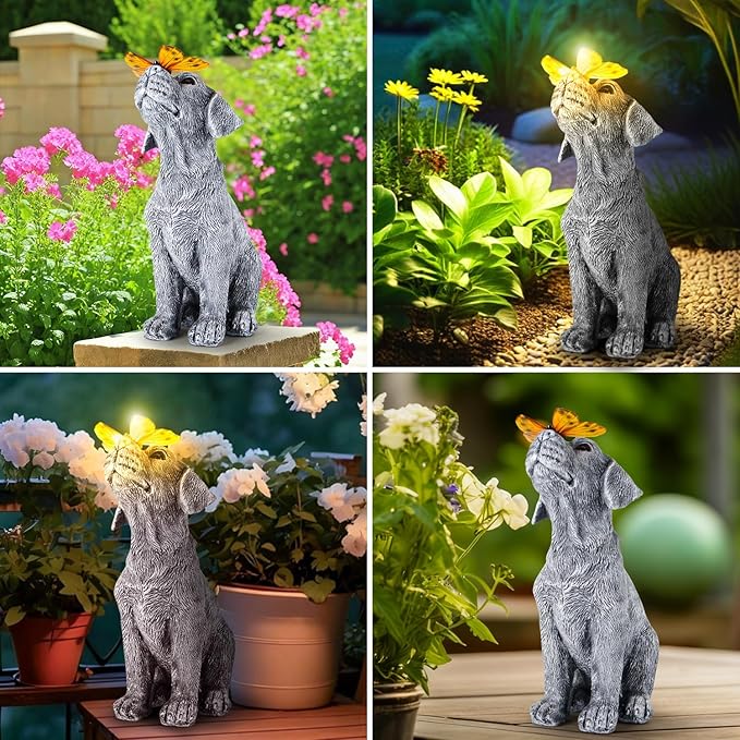 Garden Statues Dog Statue with Solar Butterfly, Ideal Gifts for Friends or Family's Birthday, Outdoor Decorations for Yard