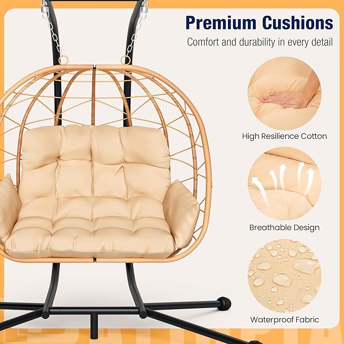 Pamapic 700 LBS Double Egg Chair Outdoor, UV Resistant Cushions Hanging Egg Chair with Armrests & Headrest, Thick Steel Frame Egg Swing Chair with Stand, for Relaxing & Reading Outside/Inside(Beige)