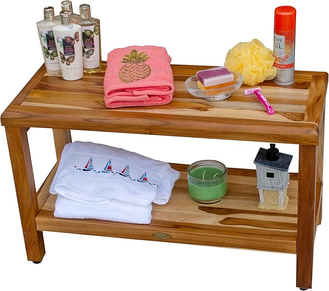 EcoDecors Eleganto 30 Inch Natural Color Waterproof Teak Wood Shower Bench Stool Seat Chair For Inside Shower Provides Safety, Storage, and Organization For Bathroom Accessories