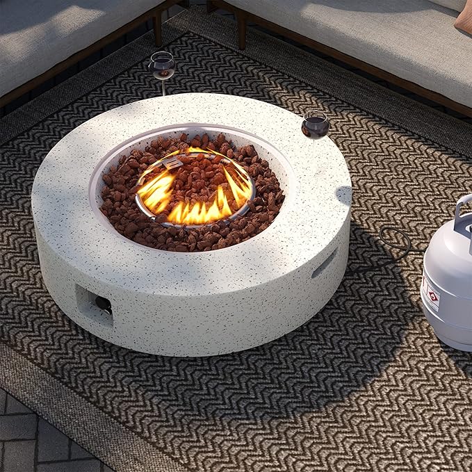 SUNBURY Outdoor 42inch Propane Fire Pit Table, 50,000 BTU Spotted White Patio Fire Table, Concrete Round Gas Fire Table w Lava Rocks