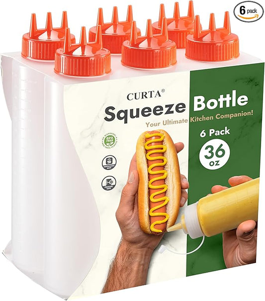 CURTA 6-Pack 36 oz Clear Squeeze Bottle with 3 Open Tips, BPA-Free Easy-to-Squeeze Plastic Condiment Dispenser with oz & ml Markings for Sauce, Oil, Dressing, Dishwasher Safe, Red