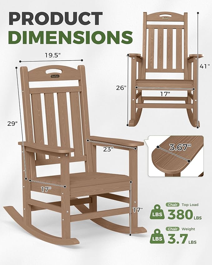 Oversized Outdoor Rocking Chair, High Back Porch Rocker Chair,HDPE All Weather Resistant RockingChairs for Patio, 380lbs Weight Capacity,Teak