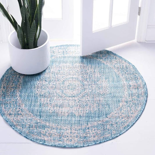 Unique Loom Outdoor Traditional Collection Area Rug - Timeworn (4' 1" Round, Light Aqua/ Gray)