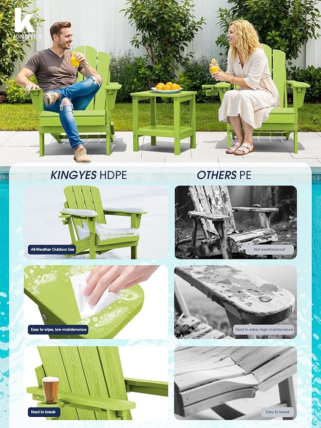 KINGYES Adjustable Folding Adirondack Chair Set of 2, 3-Position Reclining Adirondack Chairs with Cup Holder, HDPE All-Weather Oversized Adirondack for Outdoor, Patio, Deck, Fire Pit, Apple Green