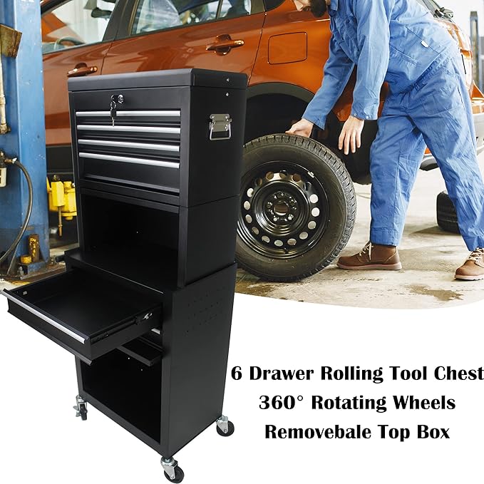6 Drawers Rolling Tool Box Organizer,2 Tier High Capacity Tool Chest with Wheels,Lockable Rolling Tool Chest with 2 Cabinet,Detachable Tool Box Workshop Storage Cabinet(2 Tier-6 Drawers(Black))