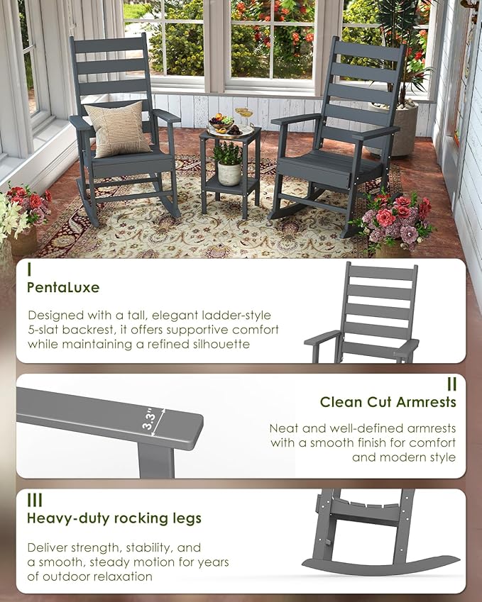 GREENVINES Outdoor-Rocking-Chairs-Set-of-4 | HDPE Plastic | Patio Rockers | Porch Rocker Chair | Shaker | Oversized | High Ladder Back | Big & Tall | PentaLuxe | Grey