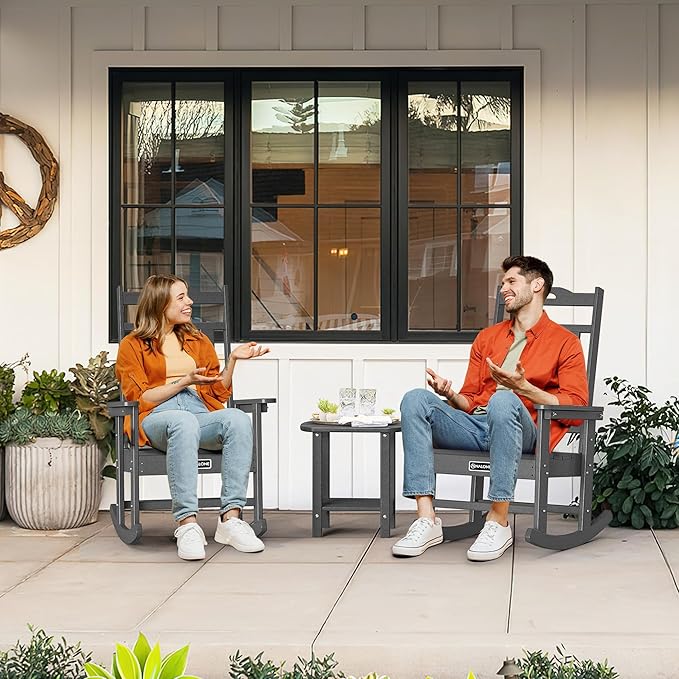 nalone Outdoor Rocking Chair, Oversized Porch Rocker Chair for Adult, All-Weather Resistant Patio Rocking Chair for Garden Lawn(Grey)