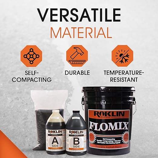 Roklin Systems, Inc. - FloMix Rapid Asphalt Repair, Quick-Drying Spall, Floor & Asphalt Crack Filler, Simple-to-Apply Driveway Sealer (Black, 5 Gallon Kit)
