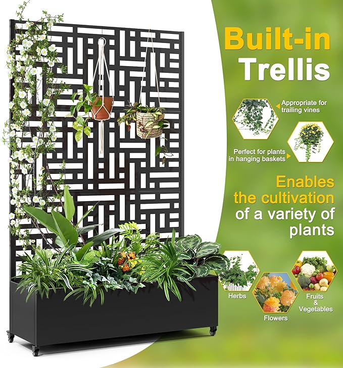 FENCY Metal Raised Garden Bed with Wheels and Trellis,73"x47"x16" Planter Box for Climbing Plants, Vegetables & Vines, Features Privacy Screen and Drainage Holes (Black-Geometric Lattice)