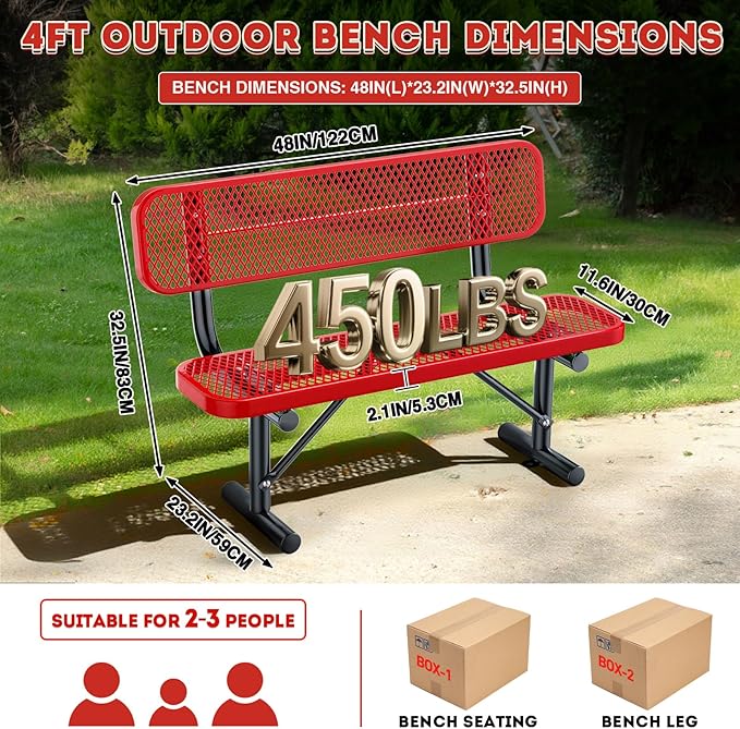 Heavy Duty Park Bench for Outside, Metal Park Bench with Back Portable Frame, Outdoor Steel Mesh Garden Bench with Backrest for Garden, Lawn, Patio, Porch, Park, Yard (Red, 4FT/50INCH)
