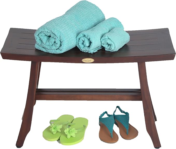 DecoTeak Satori Teak Shower Bench – 24" Compact Teak Bath Seat, Brown Finish, for Adults & Seniors | Water-Resistant Spa Stool with Slatted Seat & Adjustable Feet