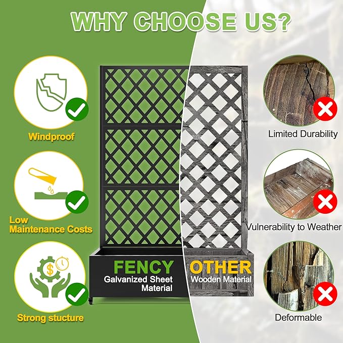 FENCY Metal Planter Box with Diamond Lattice Trellis Planter Box for Climbing Plants/Vines, Galvanized Raised Garden Bed On Wheels, Garden Bed with Trellis(73"x47" Black)