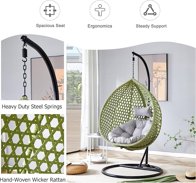 JUFU Egg Swing Chair with Stand,Hanging Egg Chair with Cushions and Pillow,Heavy Duty Lounge Basket Chair,Indoor Outdoor Patio Porch Lounge Relaxing Chair for Patio Balcony Backyard,Bedrooms