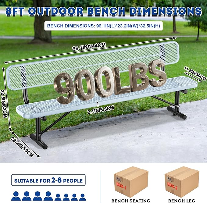 Heavy Duty Park Bench for Outside, Metal Park Bench with Back Portable Frame, Outdoor Steel Mesh Garden Bench with Backrest for Garden, Lawn, Patio, Porch, Park, Yard (Grey, 8FT/95INCH)