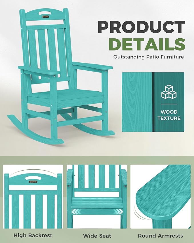 Oversized Outdoor Rocking Chair Set of 4, High Back Porch Rocker Chair, HDPE All Weather Resistant Rocking Chairs for Patio, 383lbs Weight Capacity, Lake Blue