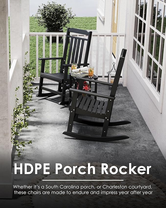 GREENVINES Outdoor-Rocking-Chairs-Set-of-2 | HDPE Plastic | Patio Rockers | Porch Rocker Chair | Oversized | High Back | Big & Tall | Black
