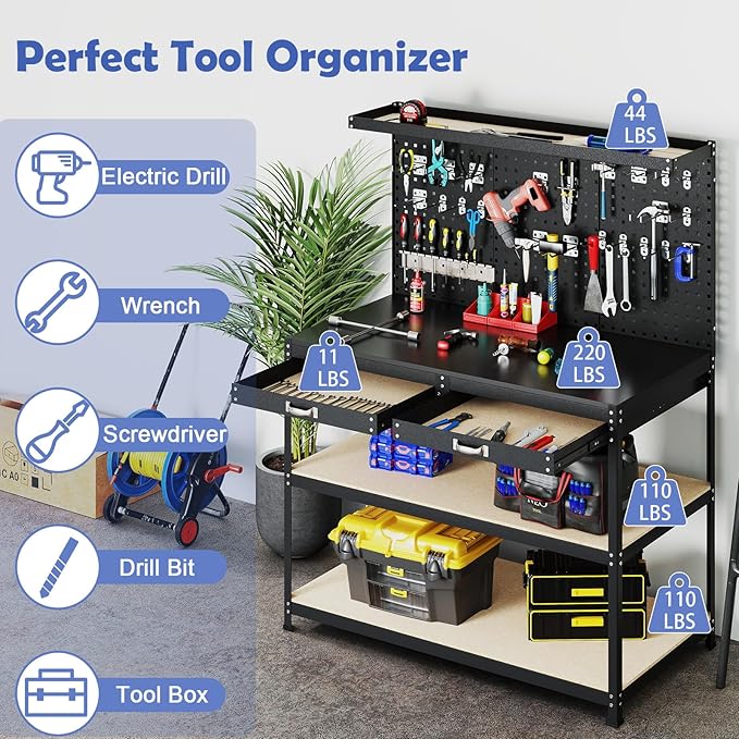 Goplus Workbench with Drawers, 48" x 24" Work Table with Pegboard, Storage, 4 Shelves, 24 Hanging Accessories, 506 LBS Capacity, Heavy-Duty Metal Tool Work Bench for Garage, Workshop