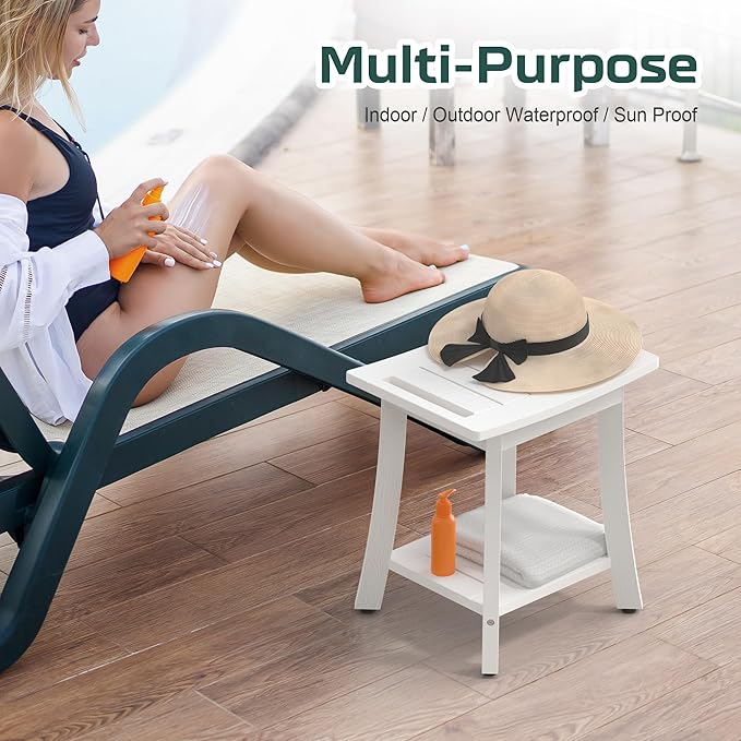 HIPS Shower Benches for Inside Shower, Waterproof Shower Stool with Storage Shelf & Adjustable Feet, SPA Bathroom Seat Chair for Shaving Legs, Indoor or Outdoor Use, White