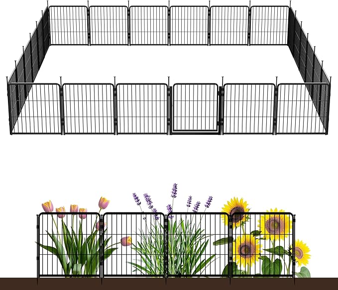 SunsGrove Garden Fence with Gate, 24 in(H) x 44.5 ft(L) 24 Panels Heavy Duty Metal Animal Barrier Fence for Yard, Suitable for Indoor or Outdoor Dog Pet Fence, Garden Fence Border, Black