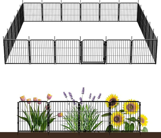 SunsGrove Garden Fence with Gate, 24 in(H) x 44.5 ft(L) 24 Panels Heavy Duty Metal Animal Barrier Fence for Yard, Suitable for Indoor or Outdoor Dog Pet Fence, Garden Fence Border, Black